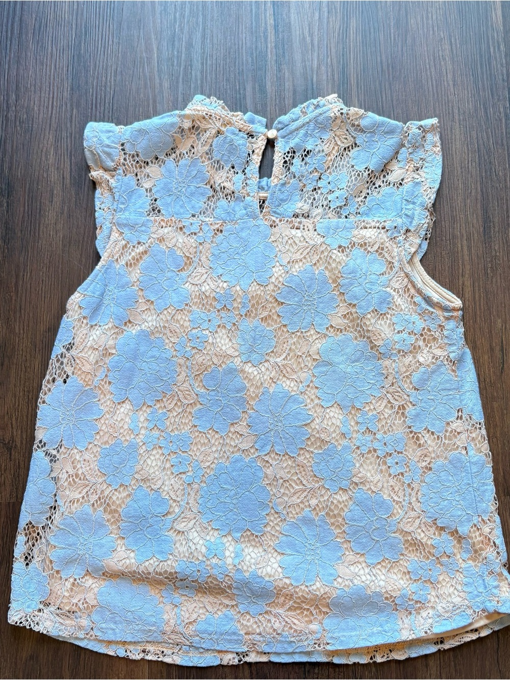 Monteau Coquette Light Blue Cream Floral Lace Flutter Sleeve Top Romantic Boho S - Picture 7 of 7